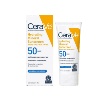 CeraVe 100% Mineral Sunscreen SPF 50, Face sunscreen With Zinc Oxide & Titanium Dioxide, Hyaluronic Acid + Niacinamide + Ceramides, Oil Free, Travel Size 2.5 oz