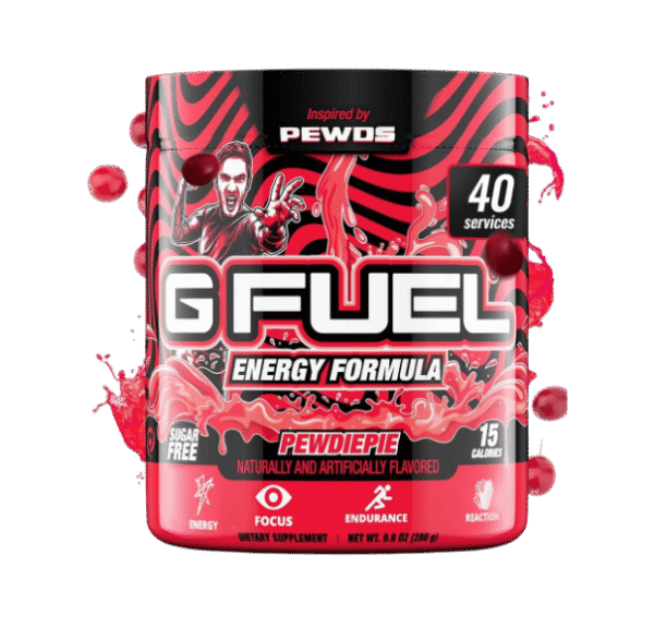 G Fuel PewDiePie Energy Drink Powder, Pre Workout Caffeine Mix for Gaming, Sugar Free Focus Amino, Vitamin + Antioxidants, 9.9oz (Lingonberry, 40 Servings)