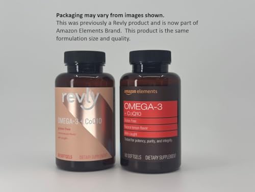 Fish Oil 3 Amazon Elements Omega 3 Wild-caught Fish Oil + CoQ10 with Natural Lemon Flavor, EPA & DHA Omega-3 fatty acids, 60 Softgels (1250 mg Omega 3s and 100 mg CoQ10 per serving)