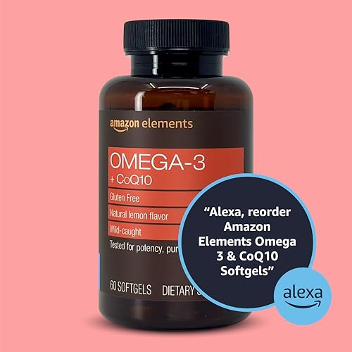 Fish Oil 4 Amazon Elements Omega 3 Wild-caught Fish Oil + CoQ10 with Natural Lemon Flavor, EPA & DHA Omega-3 fatty acids, 60 Softgels (1250 mg Omega 3s and 100 mg CoQ10 per serving)