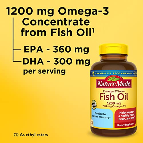 Omega 3 Fish Oil 3 Nature Made Omega 3 Fish Oil 1200 mg, Fish Oil Supplements as Ethyl Esters, Omega 3 Fish Oil for Healthy Heart, Brain and Eyes Support, One Per Day, Omega 3 Supplement with 100...