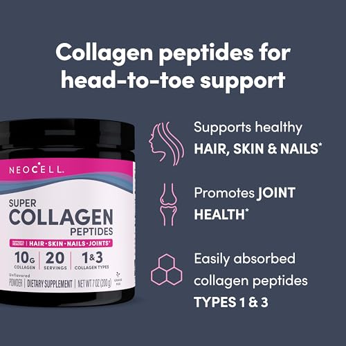 Super Collagen 4 NeoCell Super Collagen Peptides, 10g Collagen Peptides per Serving, Gluten Free, Keto Friendly, Non-GMO, Grass Fed, Healthy Hair, Skin, Nails and Joints, Unflavored Powder, 7...