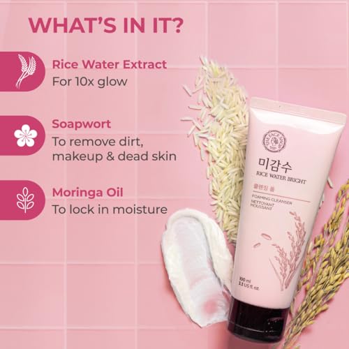 Facial Cleanser 3 The Face Shop Rice Water Bright Foaming Face Wash 100ml | Face Wash for Glowing Skin | Cleanser for Uneven Skin Tone | Korean Skin Care, For Oily skin