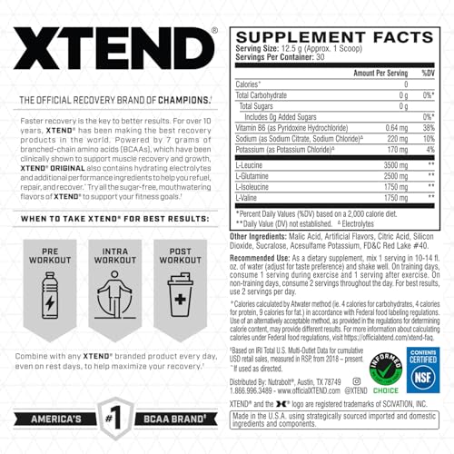 BCAA Powder 7g 2 XTEND Original BCAA Powder 7g BCAA and 2.5g L-Glutamine, Sugar Free Post Workout Muscle Recovery Drink with Amino Acids for Men & Women, 30 Servings
