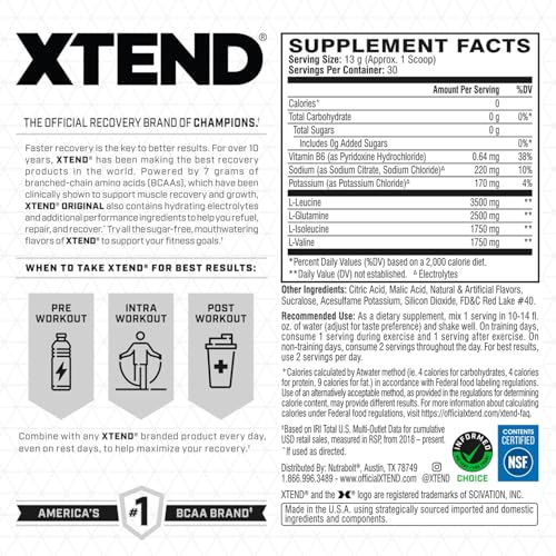 BCAA Powder 7g 2 XTEND Original BCAA Powder 7g BCAA and 2.5g L-Glutamine, Sugar Free Post Workout Muscle Recovery Drink with Amino Acids for Men & Women, 30 Servings
