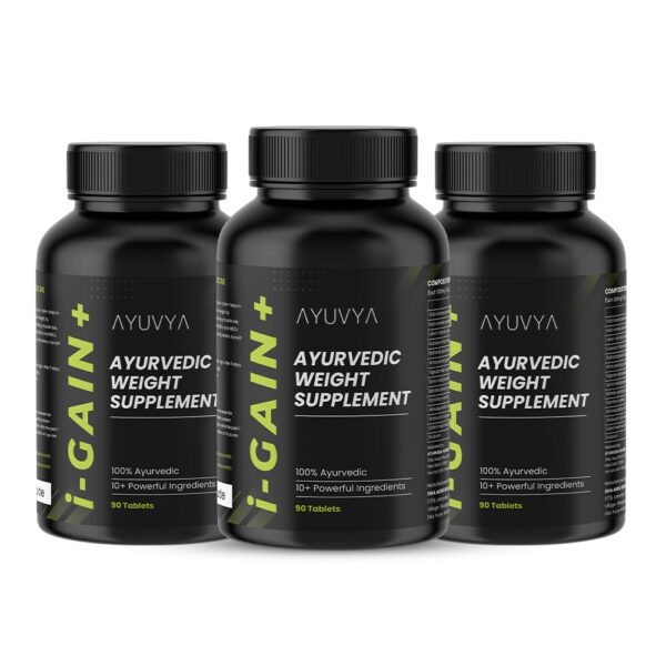 Ayuvya i-Gain+ Weight Gainer| Helps in Increasing Muscle Mass & Strength | Ayurvedic Weight gain Tablets | New & Improved Formula | 100% Ayurvedic | 90 Tablets | Pack of 3