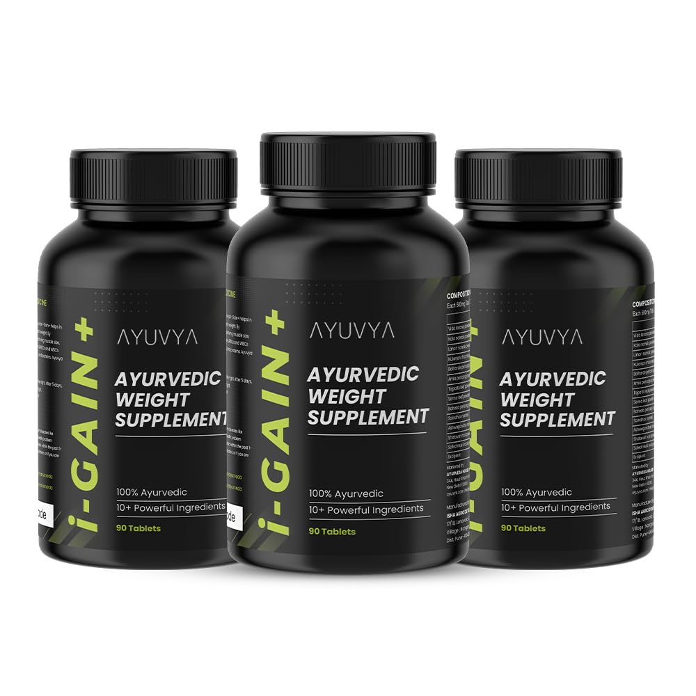 Ayuvya i-Gain+ Weight Gainer| Helps in Increasing Muscle Mass & Strength | Ayurvedic Weight gain Tablets | New & Improved Formula | 100% Ayurvedic | 90 Tablets | Pack of 3 1 Ayuvya i-Gain+ Weight Gainer| Helps in Increasing Muscle Mass & Strength | Ayurvedic Weight gain Tablets | New & Improved Formula | 100% Ayurvedic | 90 Tablets | Pack of 3