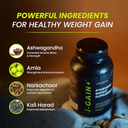 Ayuvya i-Gain+ Weight Gainer| Helps in Increasing Muscle Mass & Strength | Ayurvedic Weight gain Tablets | New & Improved Formula | 100% Ayurvedic | 90 Tablets | Pack of 3 4 Ayuvya i-Gain+ Weight Gainer| Helps in Increasing Muscle Mass & Strength | Ayurvedic Weight gain Tablets | New & Improved Formula | 100% Ayurvedic | 90 Tablets | Pack of 3