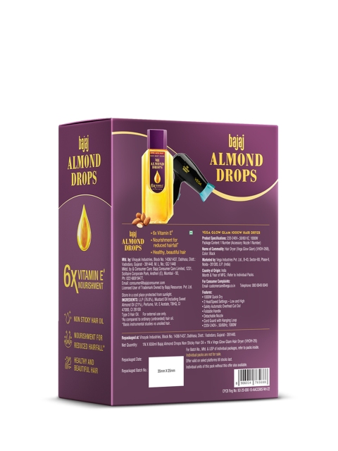 BAJAJ CONSUMER CARE Almond Drops Hair Oil 650 ml & Vega 1000W Hair Dryer 3 BAJAJ CONSUMER CARE Almond Drops Hair Oil 650 ml & Vega 1000W Hair Dryer