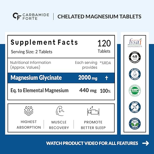 Carbamide Forte Chelated Magnesium Glycinate Supplement 2000mg Per Serving | Magnesium Supplement Supports Muscle Recovery & Better Sleep - 120 Veg Tablets 2 Carbamide Forte Chelated Magnesium Glycinate Supplement 2000mg Per Serving | Magnesium Supplement Supports Muscle Recovery & Better Sleep - 120 Veg Tablets