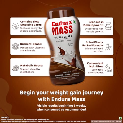 Endura Mass Weight Gainer Powder 500 G Chocolate Flavour 2 Endura Mass Weight Gainer Powder 500 G Chocolate Flavour|Unique Blend Of 3 Sources Of Protein,Carbs,Vitamins & Essential Minerals|For Children Above 10 Years,Men,Women &...