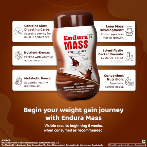 Endura Mass Weight Gainer Powder| Mass Gainer | Gain Weight, Post Workout, 74 g Carbohydrate, 15 g Protein, Healthy Fats (Chocolate, 1 Kg) 2 Endura Mass Weight Gainer Powder| Mass Gainer | Gain Weight, Post Workout, 74 g Carbohydrate, 15 g Protein, Healthy Fats (Chocolate, 1 Kg)