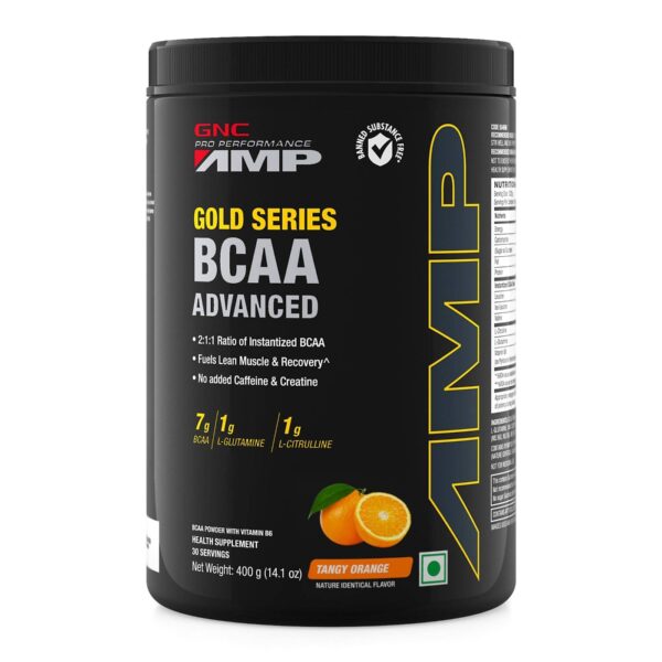GNC AMP Gold Series BCAA Advanced w/ Vitamin B6 - 400 gm (0.88 Lb), Tangy Orange