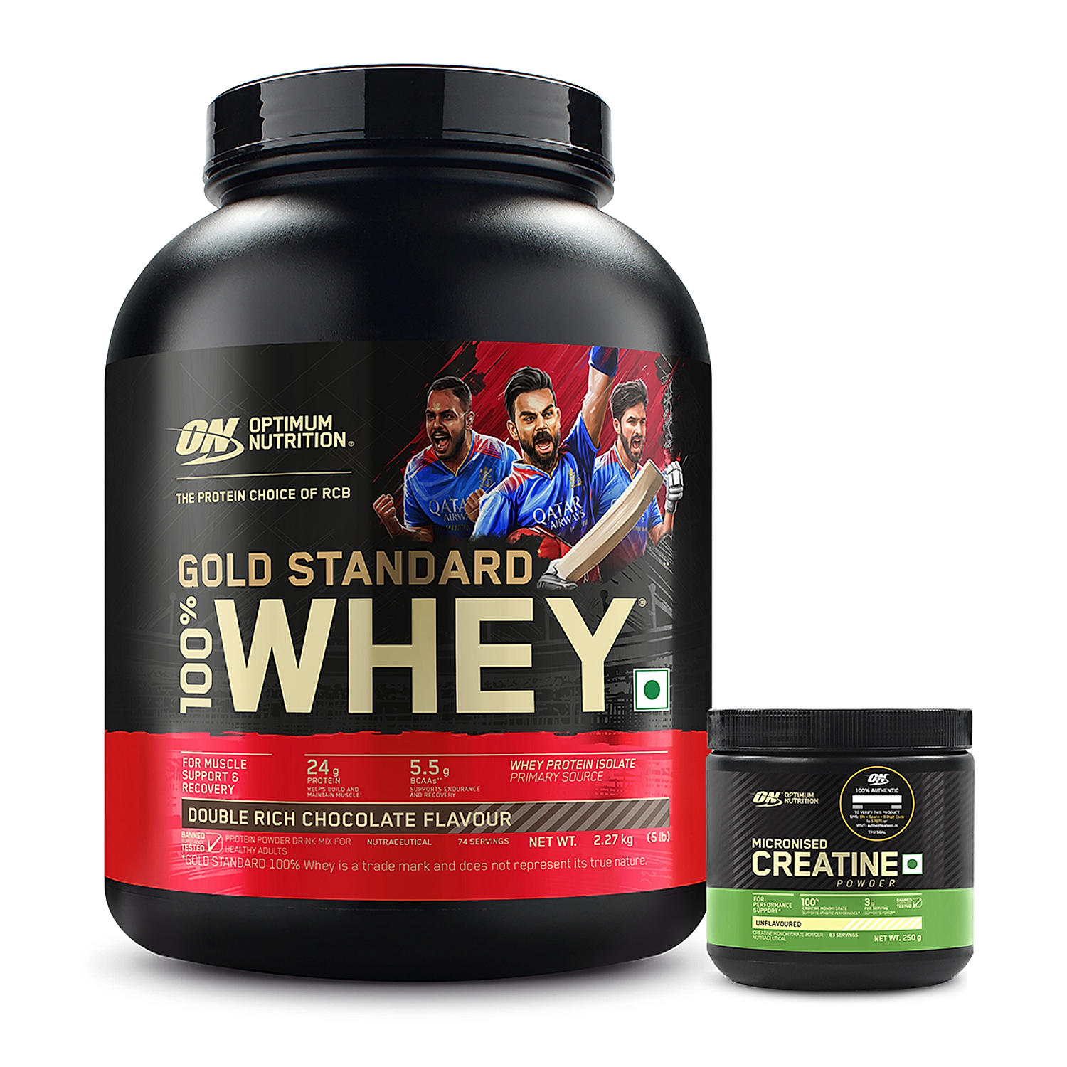 Gold Standard 100% Whey Protein Powder | Double Rich Chocolate | 5 lbs and Micronised Creatine Powder | Unflavoured | 250 g 1 Gold Standard 100% Whey Protein Powder | Double Rich Chocolate | 5 lbs and Micronised Creatine Powder | Unflavoured | 250 g