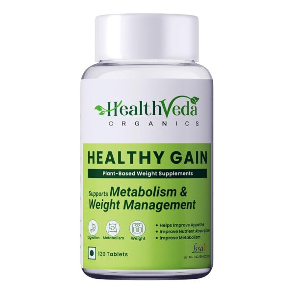 Health Veda Organics Healthy Gain 120 Tablets | A Herbal Weight Gainer | Help to Improve Metabolism, Digestion, Appetite, Weight Gain & Mass Muscle Growth for Both Men and Women