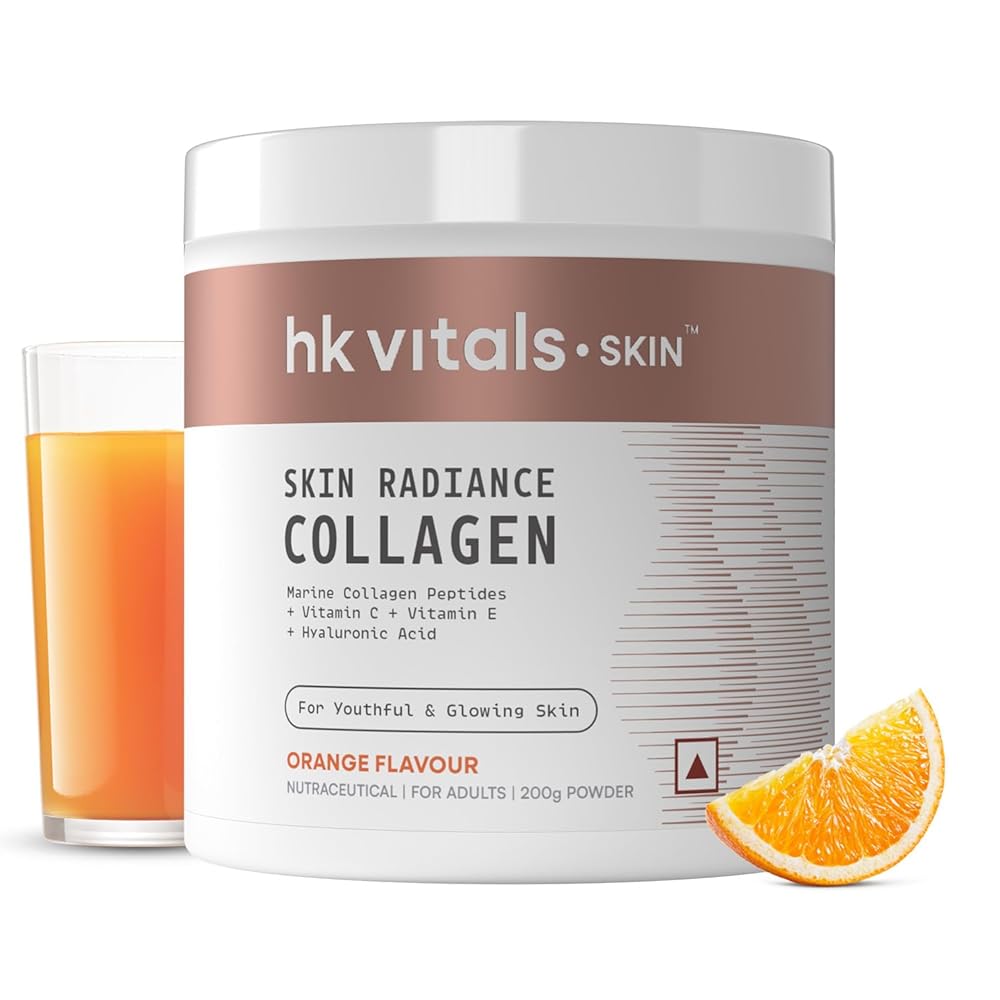 HealthKart hk vitals Skin Radiance Marine Collagen Supplement (Orange,200g)|Vitamin C,E,Sodium Hyaluronate|For Healthy Skin,Hair & Nails,powder,1 count,25 Servings 1 HealthKart hk vitals Skin Radiance Marine Collagen Supplement (Orange,200g)|Vitamin C,E,Sodium Hyaluronate|For Healthy Skin,Hair & Nails,powder,1 count,25 Servings