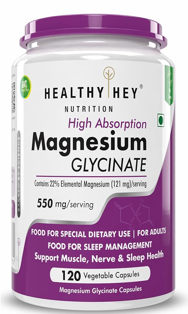 HealthyHey Nutrition Magnesium Glycinate High Absorption for Sleep, Cramps, & Nerves Health -120 Vegetable Capsules