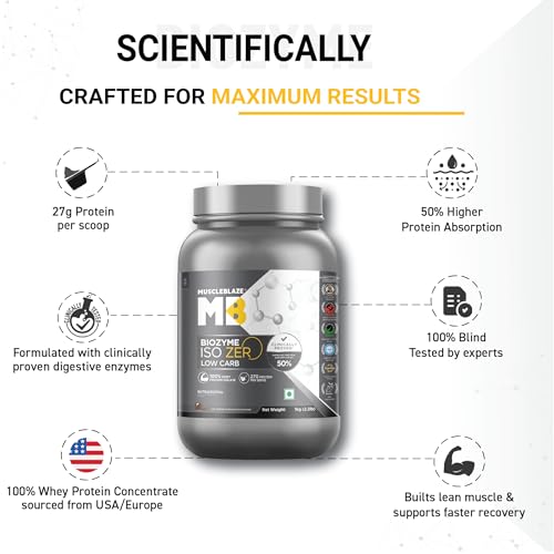 MuscleBlaze Biozyme Iso-Zero, Low Carb Whey Protein Isolate Powder, 27g Isolate Whey Per Scoop (Ice Cream Chocolate, 1kg / 2.2lbs) | 2 MuscleBlaze Biozyme Iso-Zero, Low Carb Whey Protein Isolate Powder, 27g Isolate Whey Per Scoop (Ice Cream Chocolate, 1kg / 2.2lbs) | USA Patent-Published Enhanced Absorption...