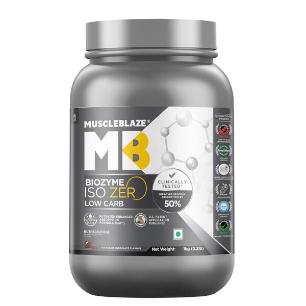 MuscleBlaze Biozyme Iso-Zero, Low Carb Whey Protein Isolate Powder, 27g Isolate Whey Per Scoop (Ice Cream Chocolate, 1kg / 2.2lbs) | USA Patent-Published Enhanced Absorption...