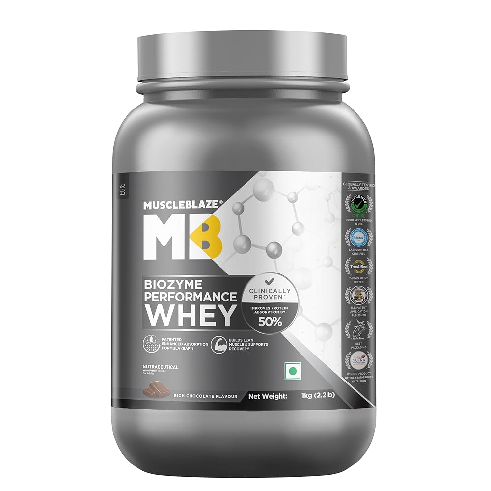 MuscleBlaze Biozyme Performance Whey Protein Powder, Rich Chocolate (1kg / 2.2lbs) | 25g Protein Per Scoop | Clinically Tested 50% Higher Protein Absorption 1 MuscleBlaze Biozyme Performance Whey Protein Powder, Rich Chocolate (1kg / 2.2lbs) | 25g Protein Per Scoop | Clinically Tested 50% Higher Protein Absorption