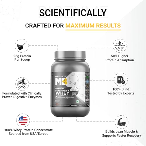 MuscleBlaze Biozyme Performance Whey Protein Powder, Rich Chocolate (1kg / 2.2lbs) | 25g Protein Per Scoop | Clinically Tested 50% Higher Protein Absorption 3 MuscleBlaze Biozyme Performance Whey Protein Powder, Rich Chocolate (1kg / 2.2lbs) | 25g Protein Per Scoop | Clinically Tested 50% Higher Protein Absorption