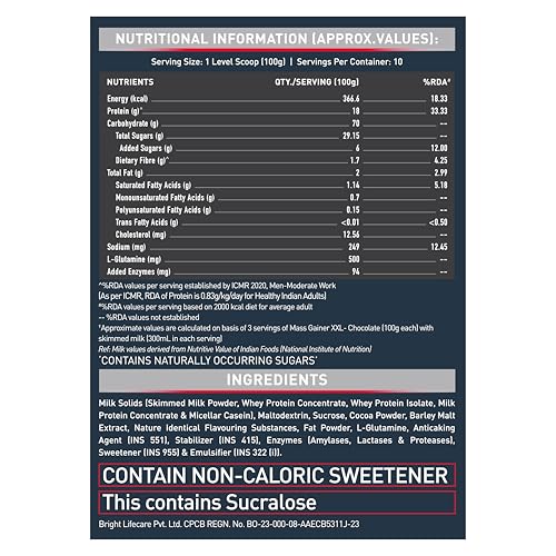 MuscleBlaze Mass Gainer XXL (Chocolate, 1kg / 2.2lbs, 10 Servings) | With Complex Carbs, High Protein & Digestive Enzymes 3 MuscleBlaze Mass Gainer XXL (Chocolate, 1kg / 2.2lbs, 10 Servings) | With Complex Carbs, High Protein & Digestive Enzymes