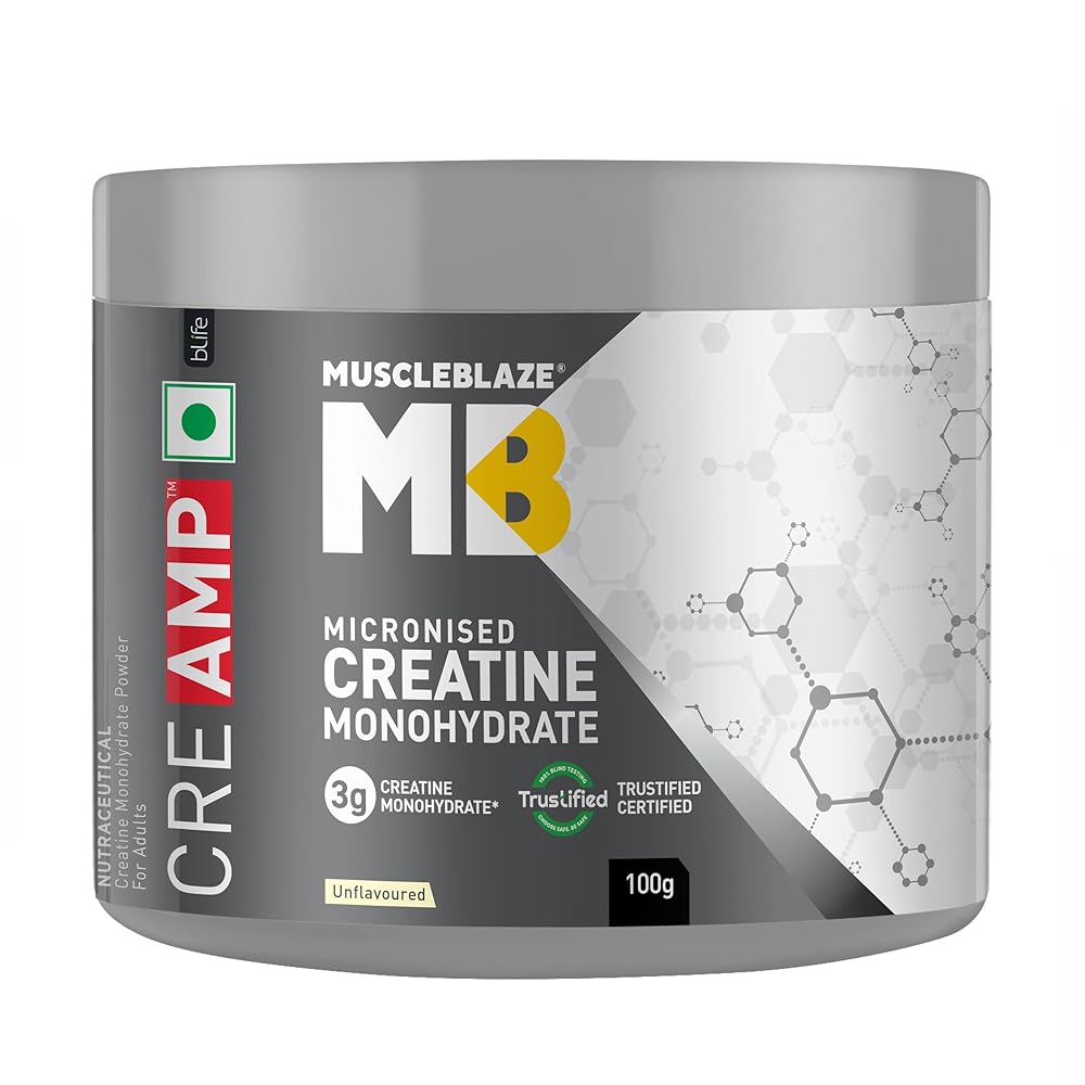 MuscleBlaze Micronised Creatine Monohydrate CreAMP Powder, Unflavoured (32 Servings, 100g) 1 MuscleBlaze Micronised Creatine Monohydrate CreAMP Powder, Unflavoured (32 Servings, 100g) | Trustified Certified Creatine