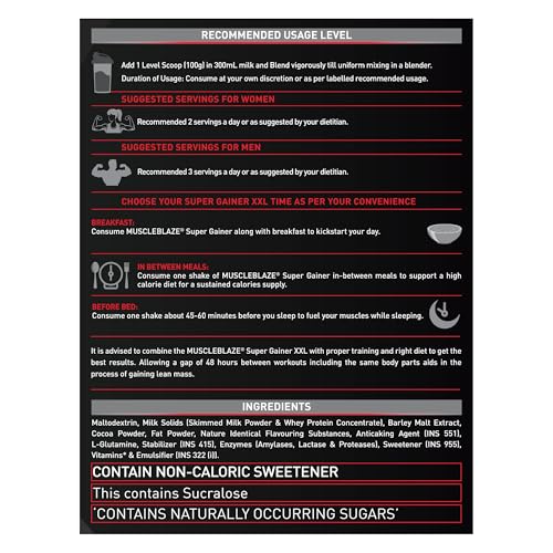 MuscleBlaze Super Gainer Xxl Powder (Chocolate,2 Kg / 4.4Lbs,20 Servings)|Muscle Mass High Protein Gainer,1 Count 5 MuscleBlaze Super Gainer Xxl Powder (Chocolate,2 Kg / 4.4Lbs,20 Servings)|Muscle Mass High Protein Gainer,1 Count