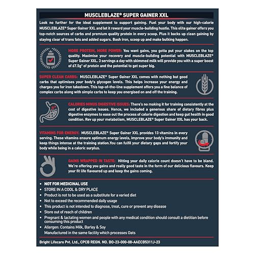 MuscleBlaze Super Gainer Xxl Powder (Chocolate,2 Kg / 4.4Lbs,20 Servings)|Muscle Mass High Protein Gainer,1 Count 6 MuscleBlaze Super Gainer Xxl Powder (Chocolate,2 Kg / 4.4Lbs,20 Servings)|Muscle Mass High Protein Gainer,1 Count