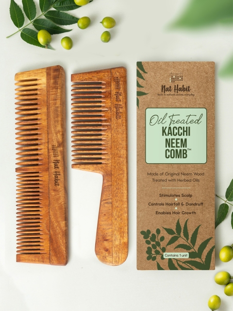 Nat Habit 2pcs Kacchi Neem Wooden Comb - Soaked in 17 Herbs & Oils - Dual+ Fine Tooth Comb