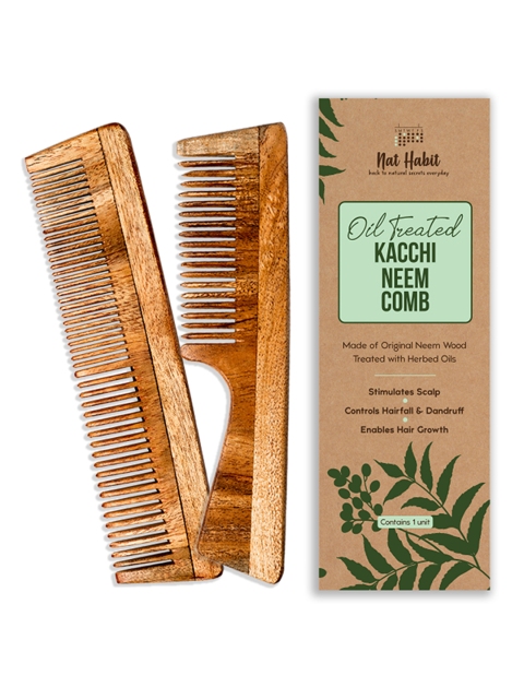 Nat Habit 2pcs Kacchi Neem Wooden Comb - Soaked in 17 Herbs & Oils - Dual+ Fine Tooth Comb 2 Nat Habit 2pcs Kacchi Neem Wooden Comb - Soaked in 17 Herbs & Oils - Dual+ Fine Tooth Comb