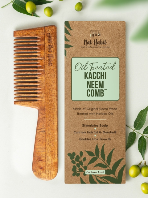 Nat Habit Kacchi Neem Fine Wooden Tooth Comb - Soaked in 17 Herbs & Oils for Hair Growth