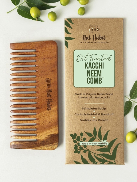 Nat Habit Kacchi Neem Wide Wooden Tooth Comb - Soaked in 17 Herbs & Oils for Hair Growth