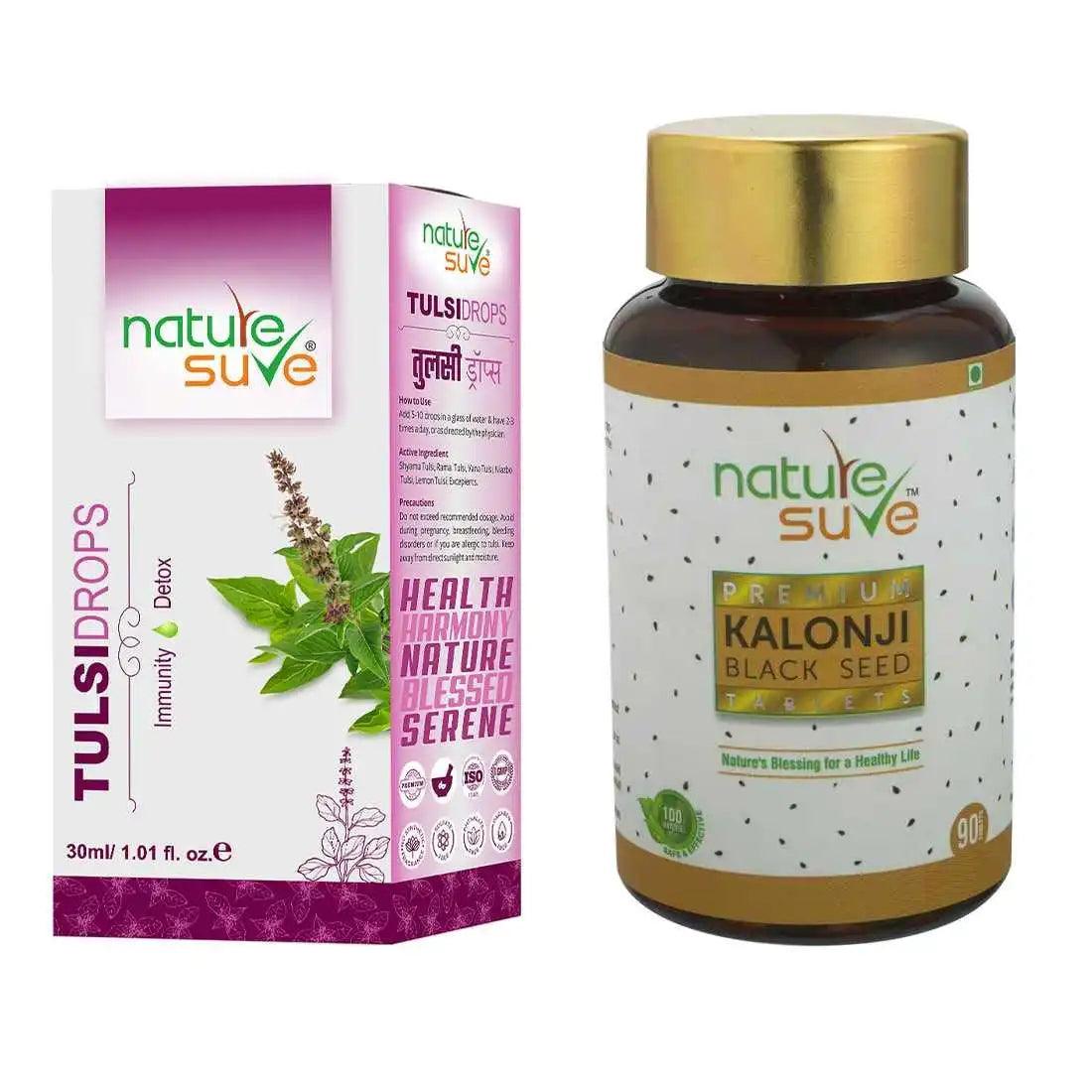 Nature Sure Combo - Tulsi Drops 30ml and Kalonji Black Seed 90 Tablets 1 Nature Sure Combo - Tulsi Drops 30ml and Kalonji Black Seed 90 Tablets