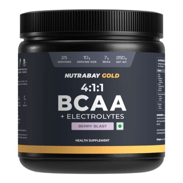 Nutrabay Gold BCAA 4:1:1 with Electrolytes - 250 gm (0.55 Lb), Berry Blast