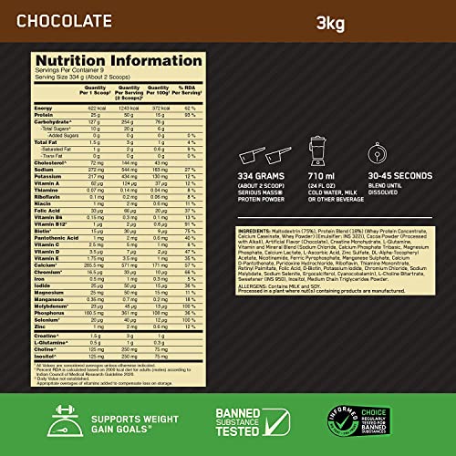 OPTIMUM NUTRITION (ON) Serious Mass High Protein High Calorie Weight Gainer Powder - 3 kg (Chocolate) with Vitamins and Minerals, Vegetarian 6 OPTIMUM NUTRITION (ON) Serious Mass High Protein High Calorie Weight Gainer Powder - 3 kg (Chocolate) with Vitamins and Minerals, Vegetarian