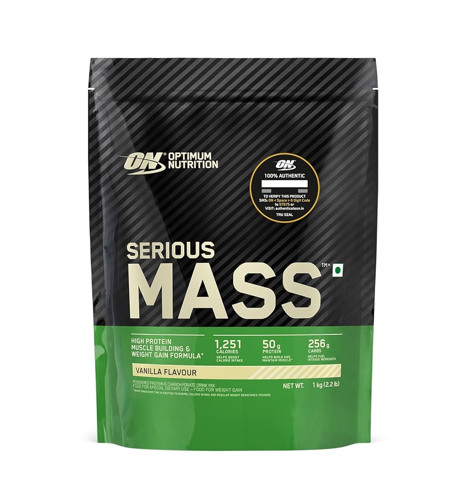 Optimum Nutrition (ON) Serious Mass High Protein High Calorie Weight Gainer Powder - 1 kg (Vanilla) with Vitamins and Minerals, Vegetarian 1 Optimum Nutrition (ON) Serious Mass High Protein High Calorie Weight Gainer Powder - 1 kg (Vanilla) with Vitamins and Minerals, Vegetarian