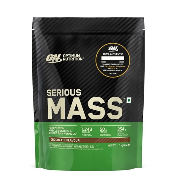 Optimum Nutrition (ON) Serious Mass High Protein High Calorie Weight Gainer Powder - 1 kg (Chocolate) with Vitamins and Minerals, Suitable for Vegetarians