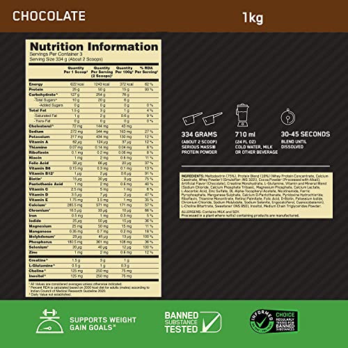 Optimum Nutrition (ON) Serious Mass High Protein High Calorie Weight Gainer Powder - 1 kg (Chocolate) with Vitamins and Minerals, Suitable for Vegetarians 6 Optimum Nutrition (ON) Serious Mass High Protein High Calorie Weight Gainer Powder - 1 kg (Chocolate) with Vitamins and Minerals, Suitable for Vegetarians