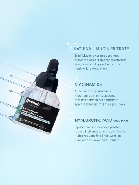 Quench 96% Snail Mucin Collagen Serum with Niacinamide & Hyaluronic Acid-30ml 2 Quench 96% Snail Mucin Collagen Serum with Niacinamide & Hyaluronic Acid-30ml