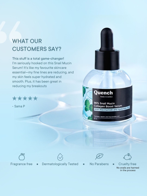 Quench 96% Snail Mucin Collagen Serum with Niacinamide & Hyaluronic Acid-30ml 4 Quench 96% Snail Mucin Collagen Serum with Niacinamide & Hyaluronic Acid-30ml