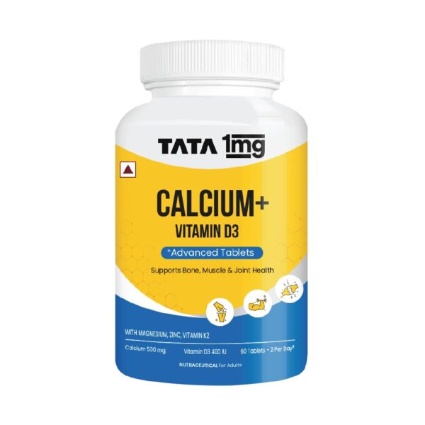 TATA 1mg Calcium & Vitamin D3 supplement with Zinc, Magnesium & Alfalfa | High absorption Calcium Citrate Malate form | 500mg Calcium & 400iu Vitamin D3 | For strong bones &...