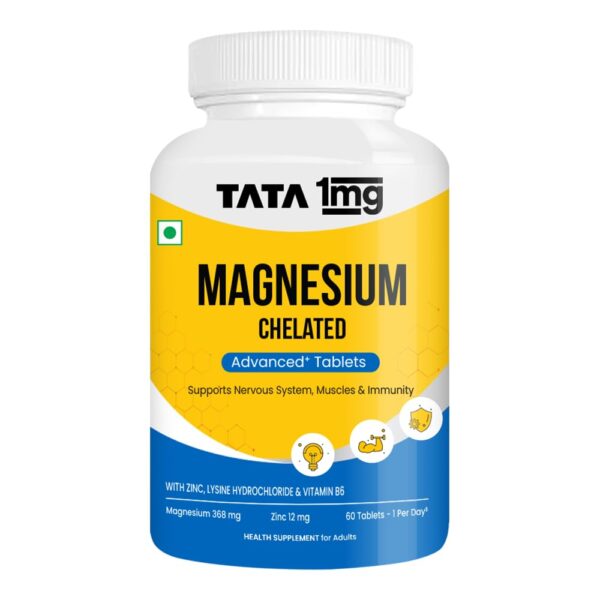 Tata 1mg Chelated Magnesium Plus Tablet with Zinc, Vitamin B6, Helps To Improve Magnesium Supplement Absorption And Effectiveness For Men & Women (Pack Of 60 Tablets)