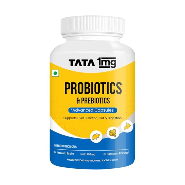 Tata 1mg Probiotics 30 Billion CFUs+ Capsule With Prebiotic Fibre Helps In Health Protection Level And Supports Digestion,For Unisex (Pack Of 60 Capsules)
