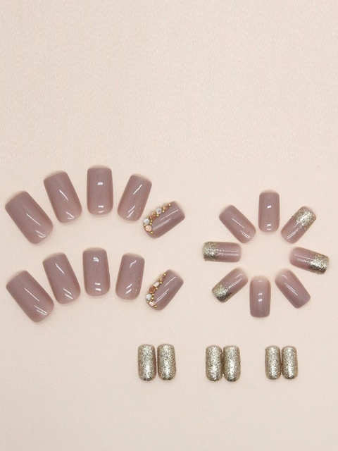 The Pink Truck Set Of 24 Reusable Nails -Beige Glitter Honey With Stones Design 2 The Pink Truck Set Of 24 Reusable Nails -Beige Glitter Honey With Stones Design