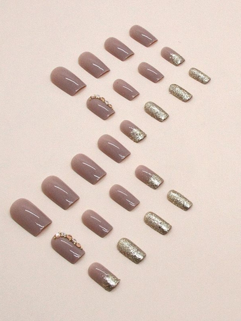 The Pink Truck Set Of 24 Reusable Nails -Beige Glitter Honey With Stones Design 3 The Pink Truck Set Of 24 Reusable Nails -Beige Glitter Honey With Stones Design