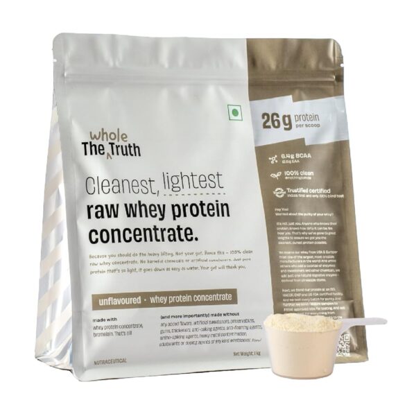 The Whole Truth Whey Protein Concentrate Unflavoured |1 kg (2.2 lbs) | 26g Protein per scoop | 6.4g BCAA | 100% Authentic Whey & No Adulteration | Clean and Light | Muscle...