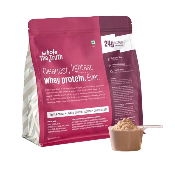 The Whole Truth Whey Protein Isolate+Concentrate | Light Cocoa 1 kg (2.2 lbs) | 24g Protein/Scoop | 6.6g BCAA | 100% Authentic Whey & No Adulteration | Clean, Light & Easy to...
