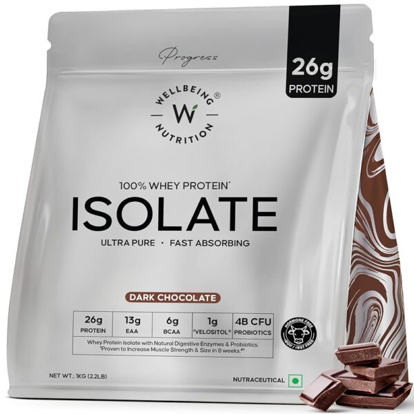 Wellbeing Nutrition Whey Protein Isolate 1kg Dark Chocolate | 26g Protein, Clinically Proven Velositol for 2x Muscle Protein Synthesis, 4B CFU Probiotics, Digestive Enzymes,...