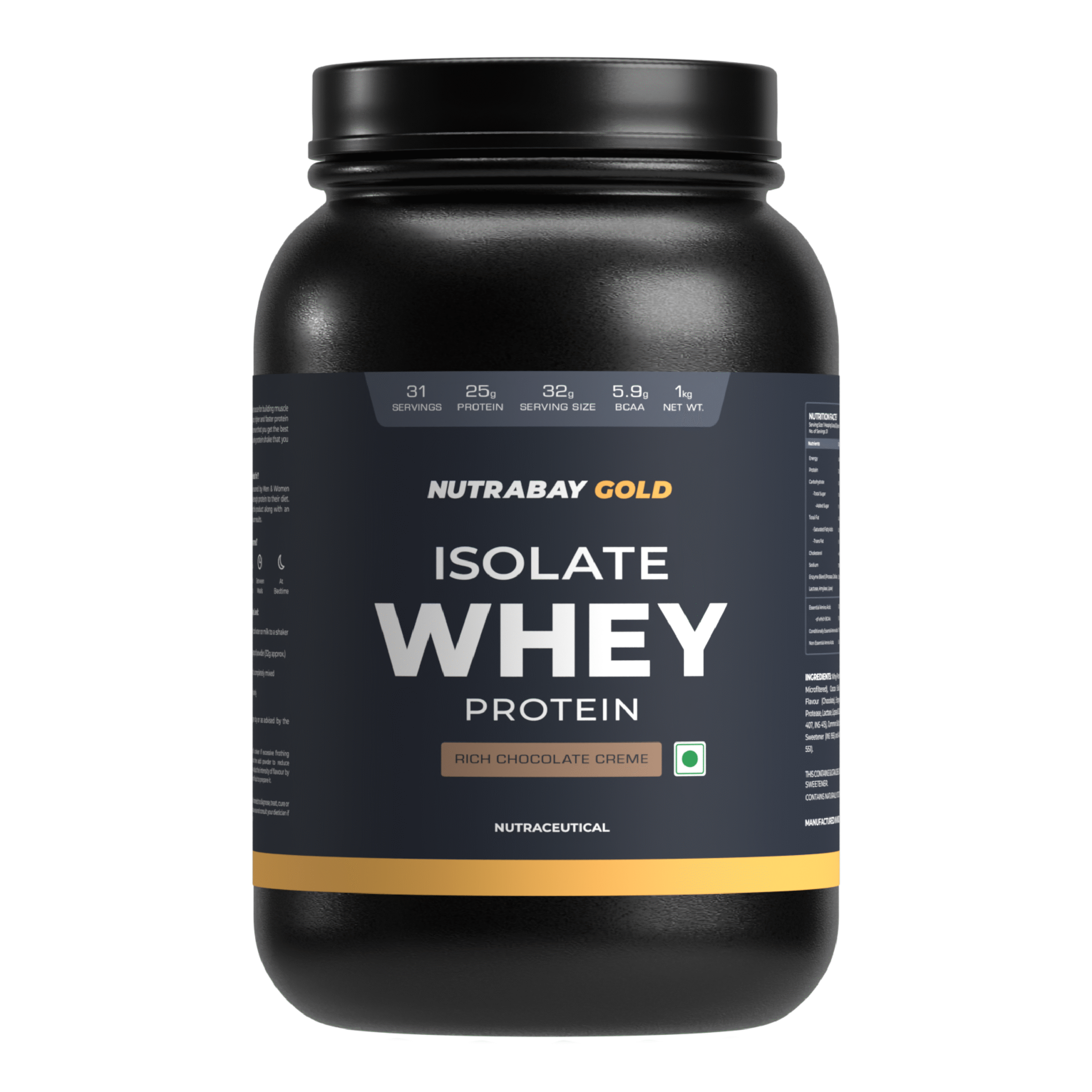 Nutrabay Gold 100% Whey Protein Isolate - 1 Kg (2.2 Lb), Rich Chocolate Creme 1 Nutrabay Gold 100% Whey Protein Isolate - 1 Kg (2.2 Lb), Rich Chocolate Creme